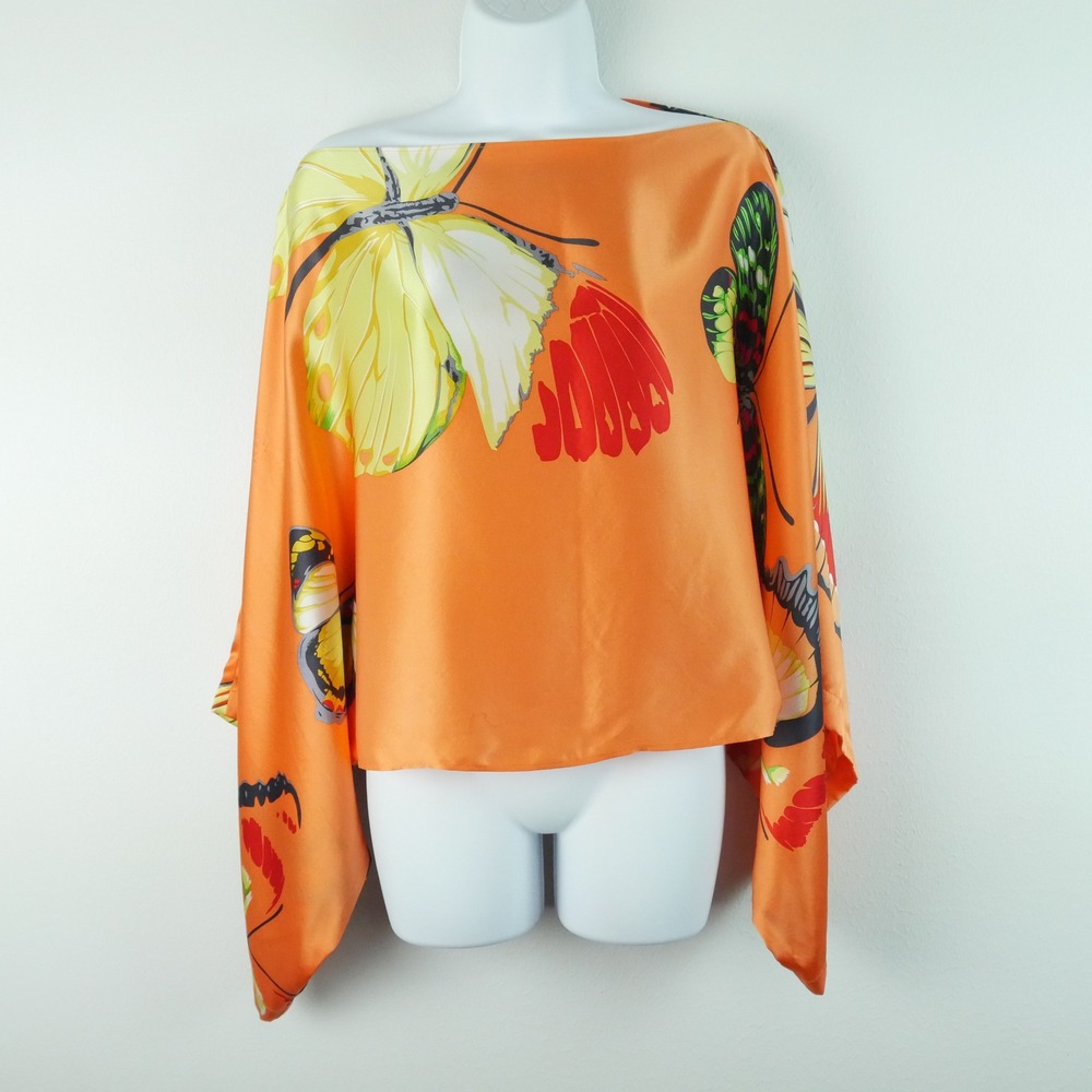 Divine Silk Butterfly Print Poncho Top Orange One Size Fairy Y2K Kimono Beach